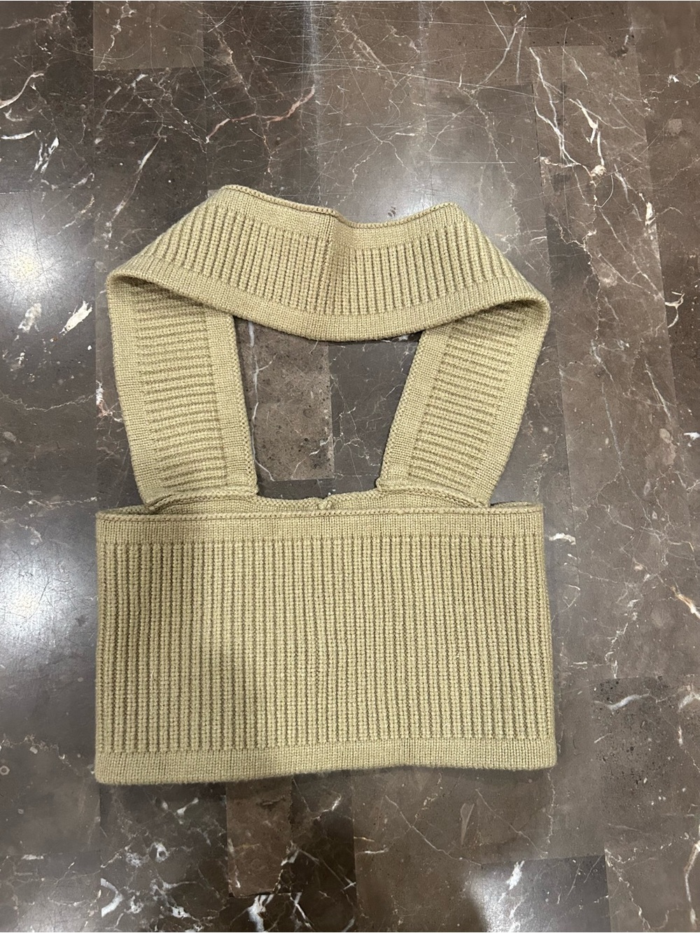 Ribbed Knit Crop Top in Olive/Tan - around neck- cropped top